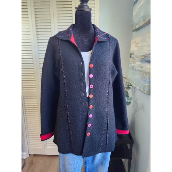 Women's Size Small 100% Wool Jacket Black Pink & Red Details Sigrid Olsen - Picture 1 of 9